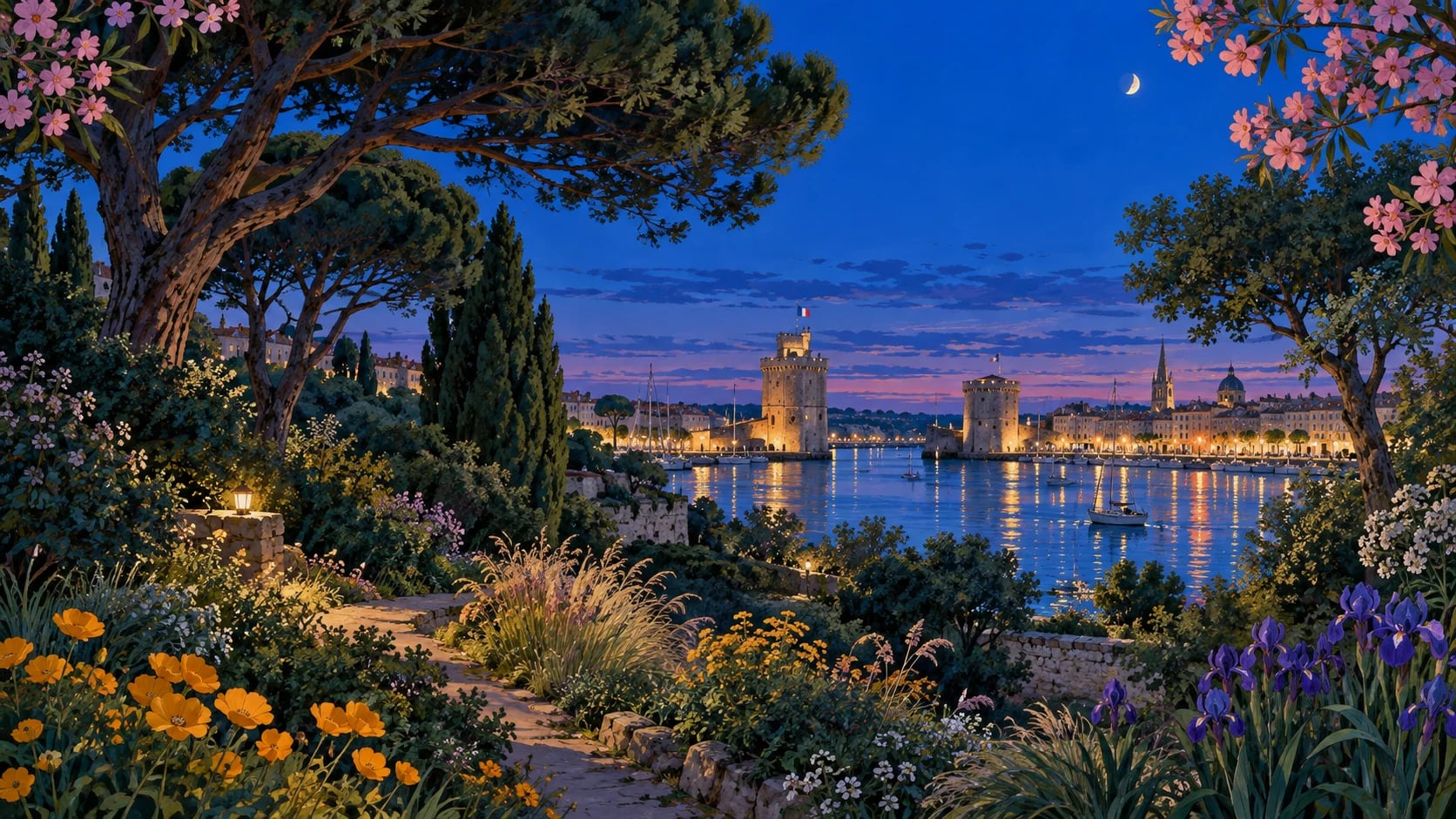 Illustration d’un jardin arboré face aux tours de La Rochelle, à la tombée du jour.
